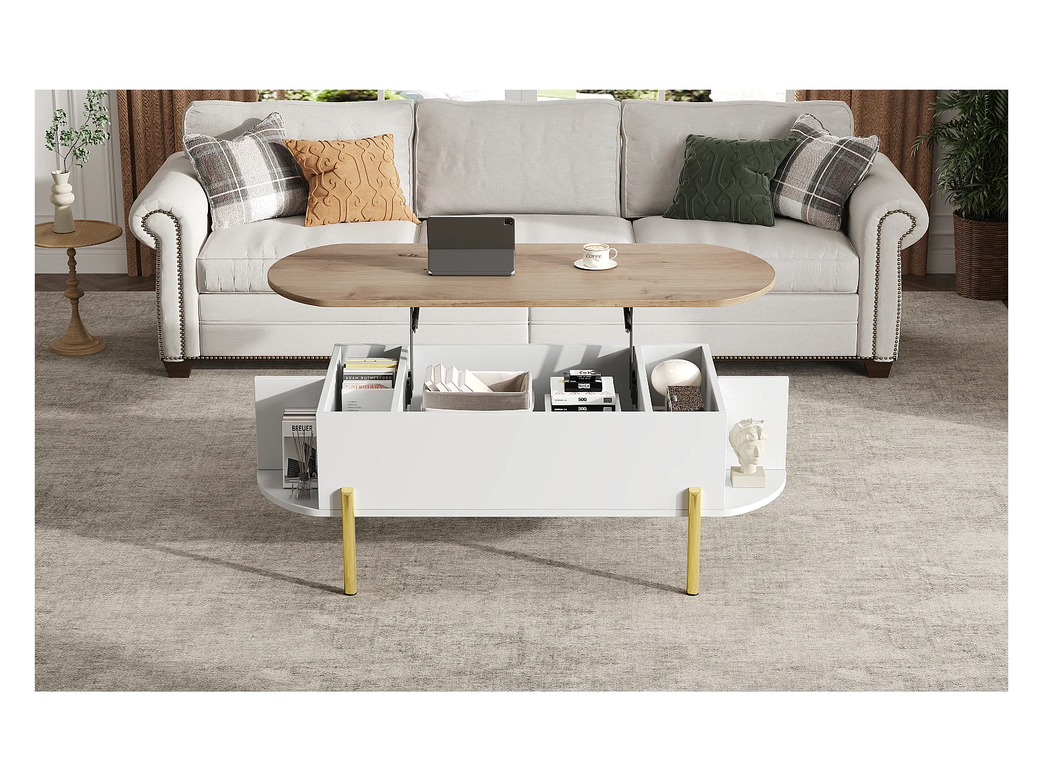 Table basse relevable avec 7 rangements - 120 x 50 x 43 cm - tables de canapé - MDF - blanc