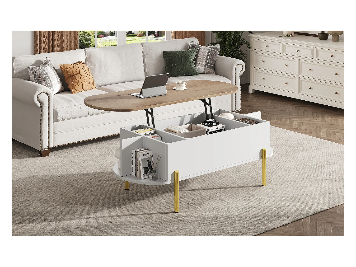 Table basse relevable avec 7 rangements - 120 x 50 x 43 cm - tables de canapé - MDF - blanc