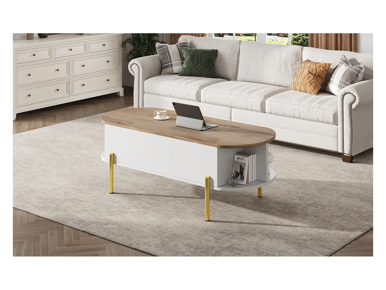 Table basse relevable avec 7 rangements - 120 x 50 x 43 cm - tables de canapé - MDF - blanc