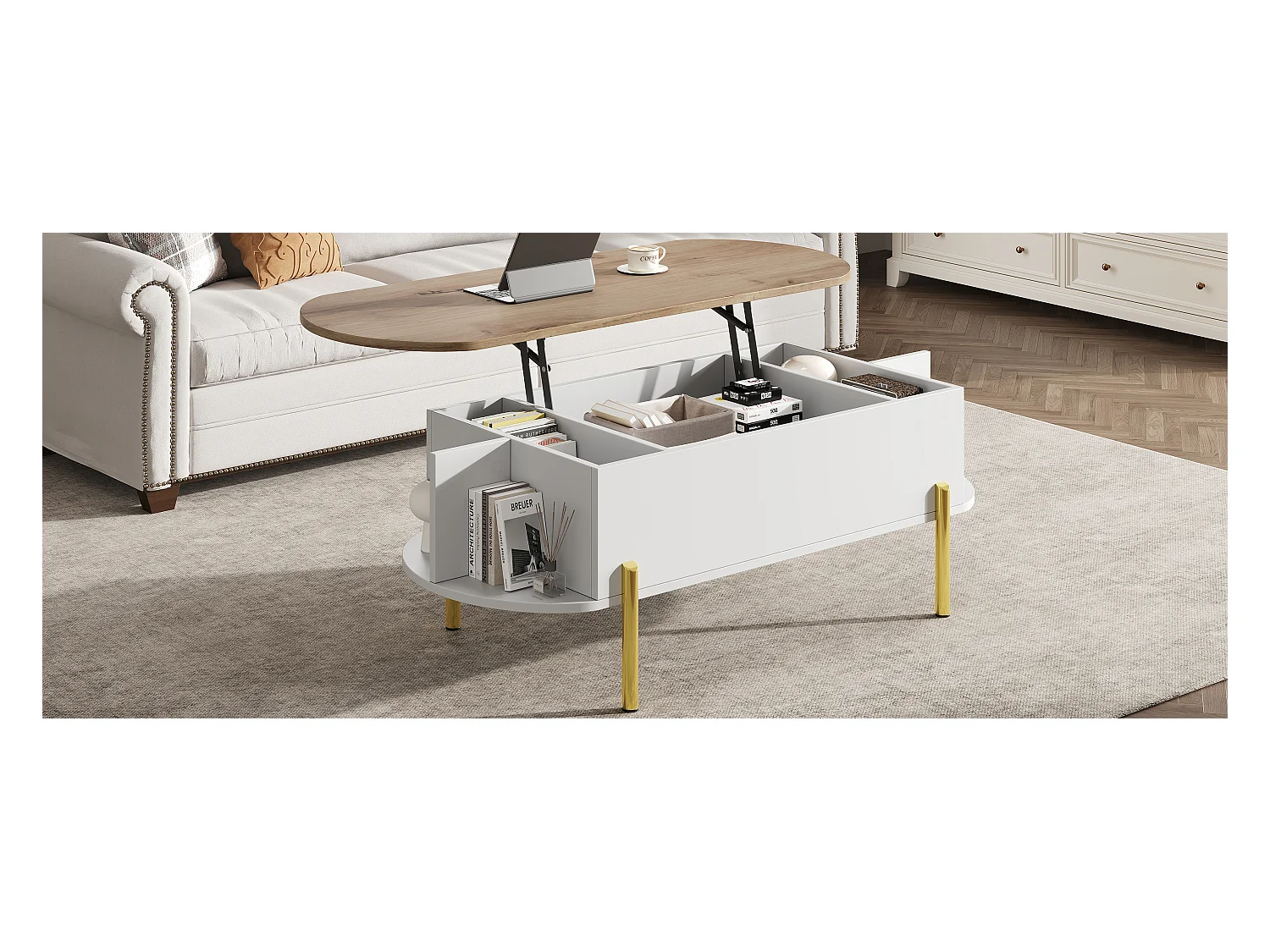 Table basse relevable avec 7 rangements - 120 x 50 x 43 cm - tables de canapé - MDF - blanc
