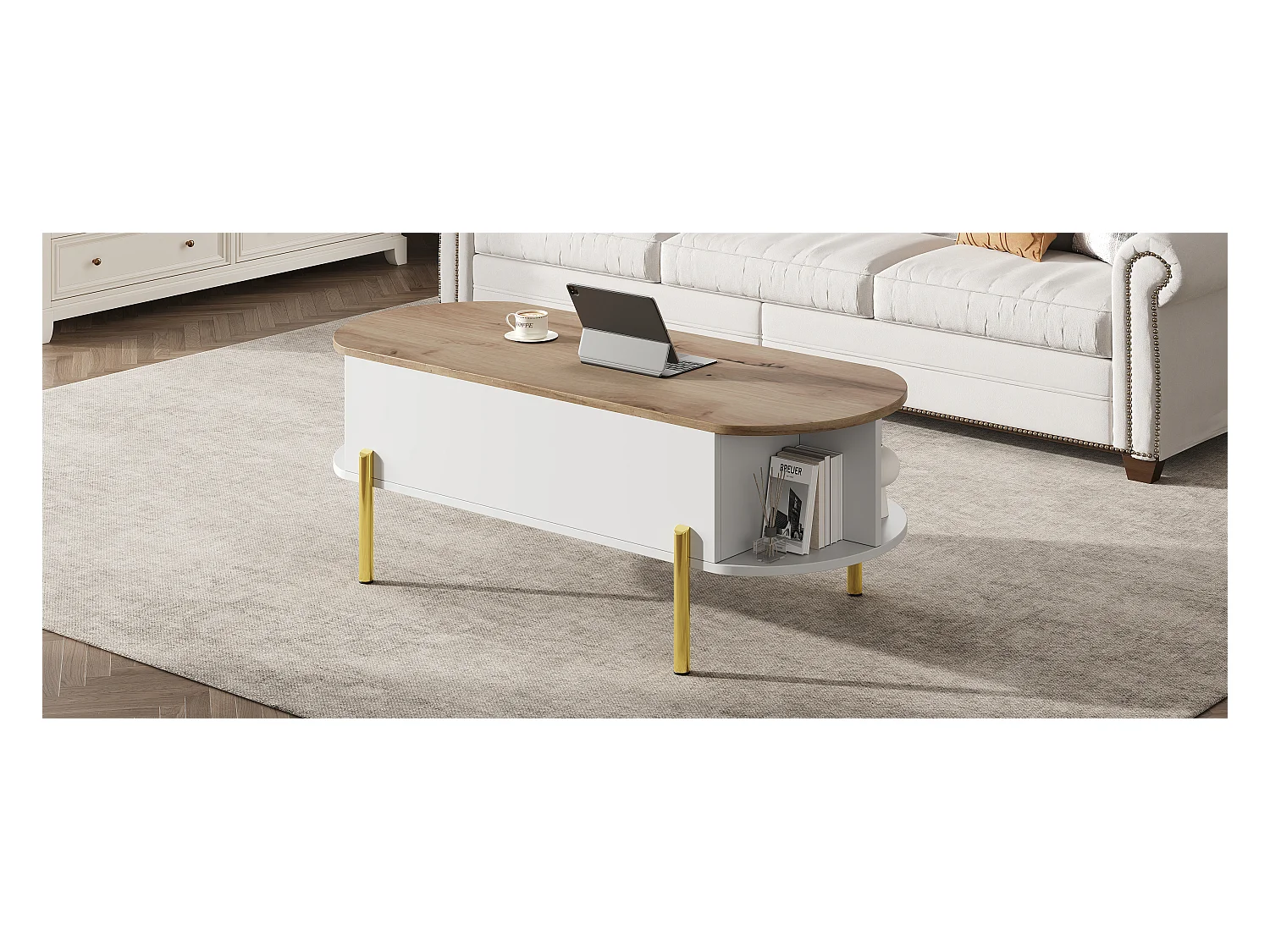 Table basse relevable avec 7 rangements - 120 x 50 x 43 cm - tables de canapé - MDF - blanc