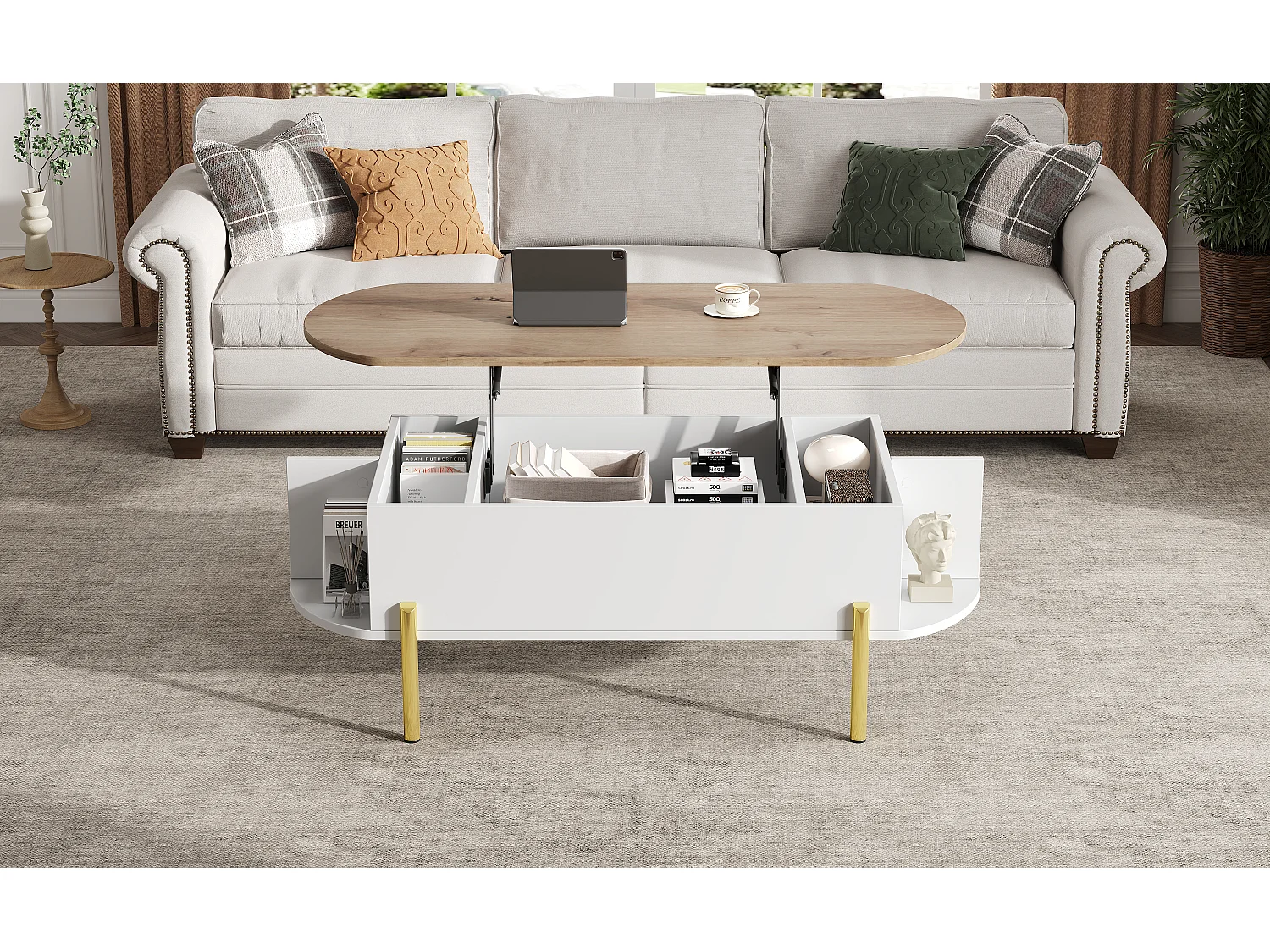 Table basse relevable avec 7 rangements - 120 x 50 x 43 cm - tables de canapé - MDF - blanc