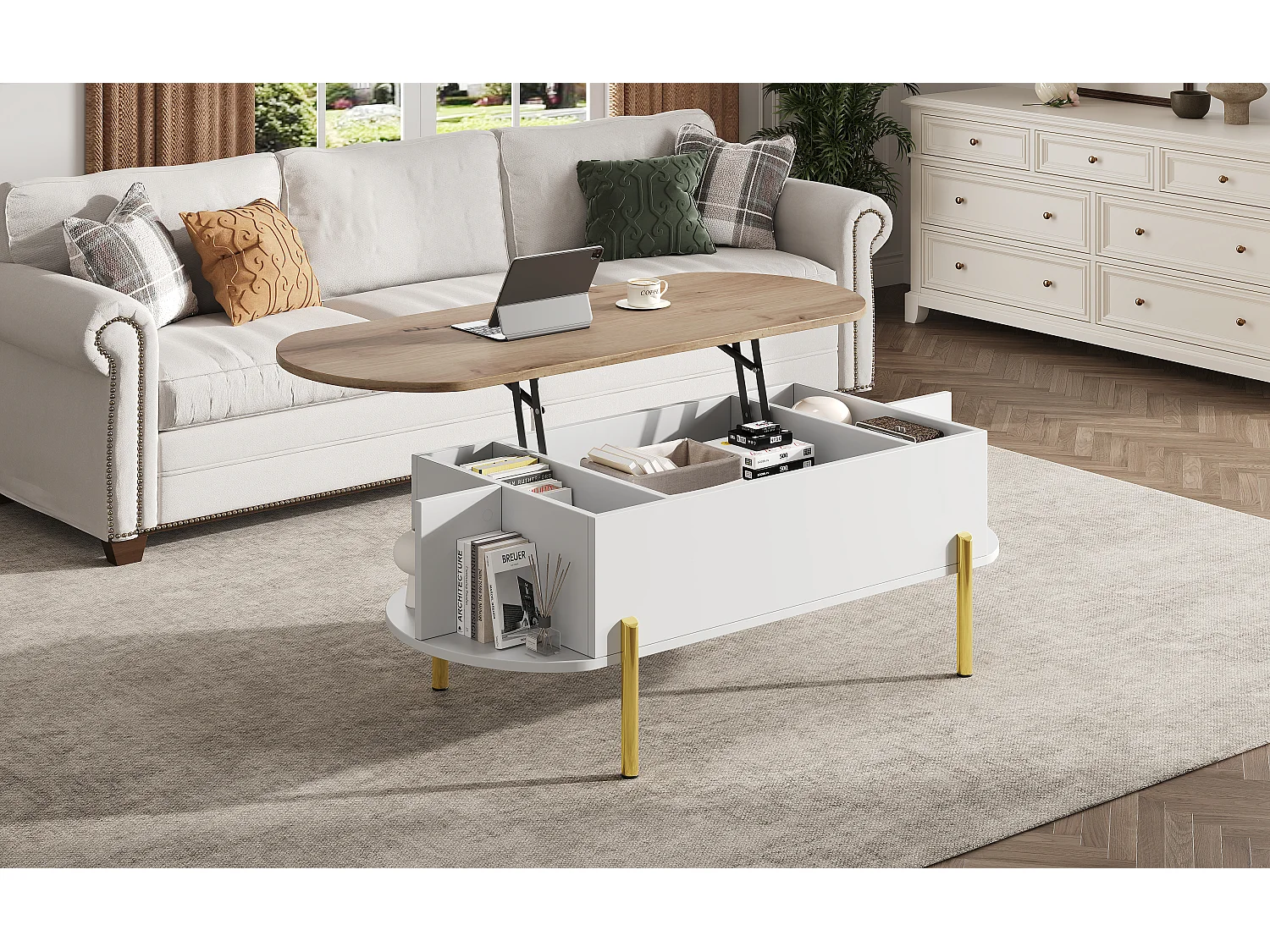 Table basse relevable avec 7 rangements - 120 x 50 x 43 cm - tables de canapé - MDF - blanc