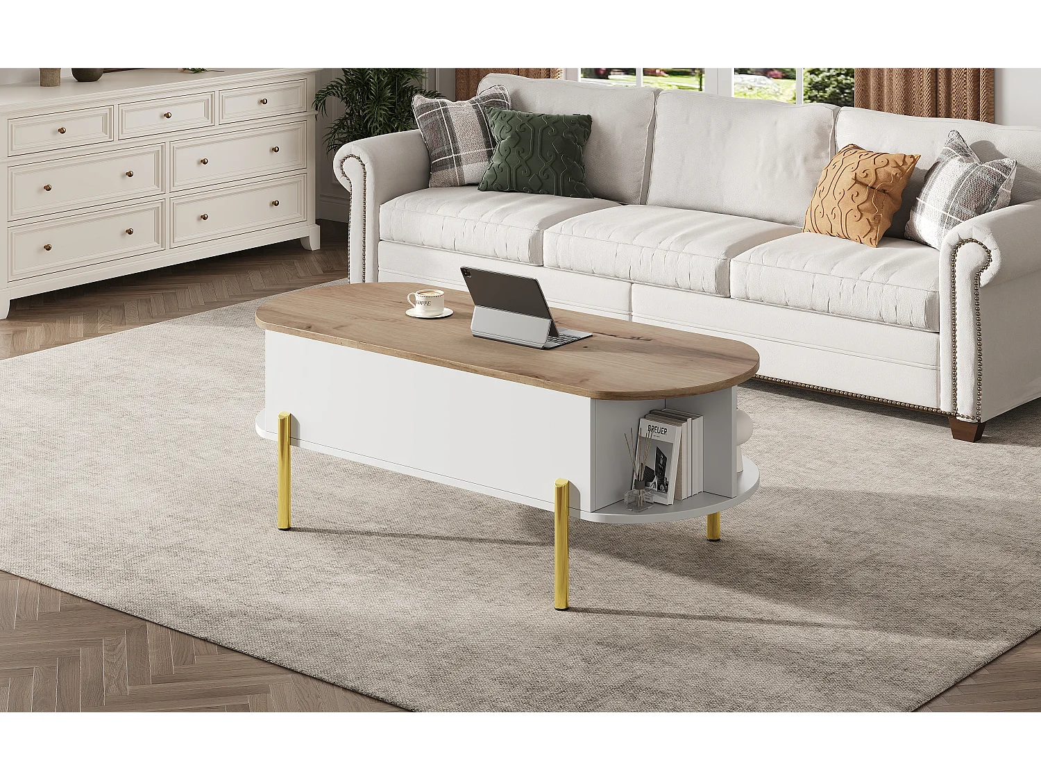 Table basse relevable avec 7 rangements - 120 x 50 x 43 cm - tables de canapé - MDF - blanc