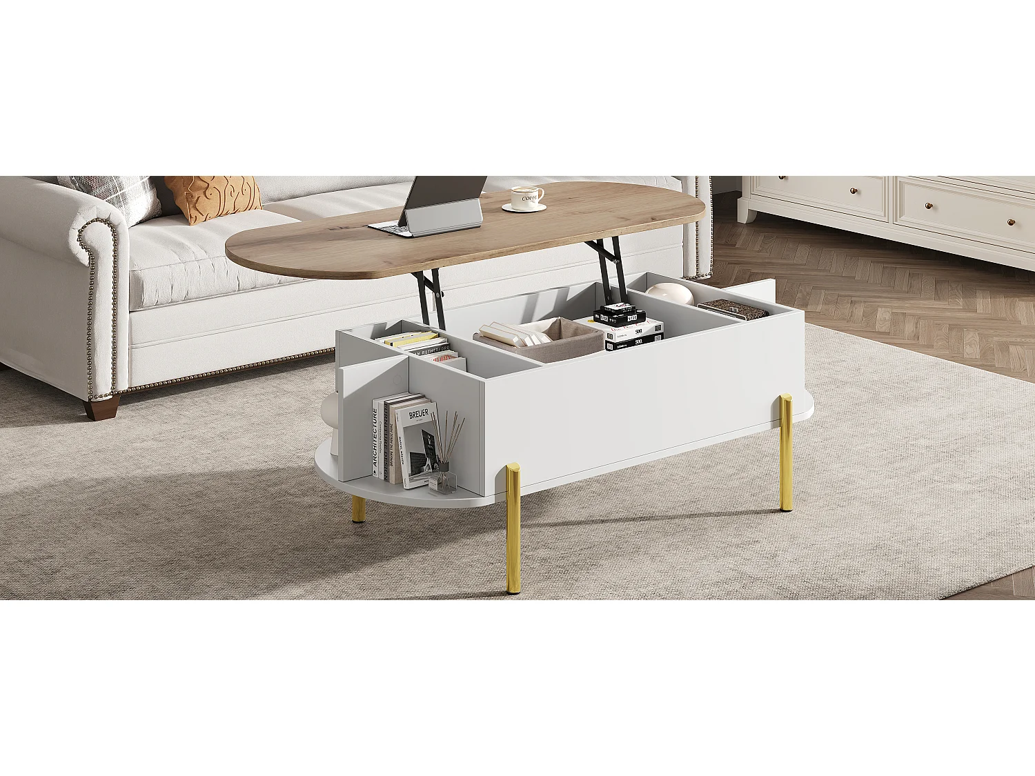 Table basse relevable avec 7 rangements - 120 x 50 x 43 cm - tables de canapé - MDF - blanc