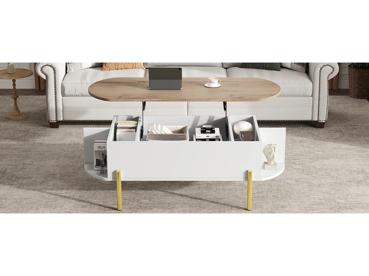 Table basse relevable avec 7 rangements - 120 x 50 x 43 cm - tables de canapé - MDF - blanc