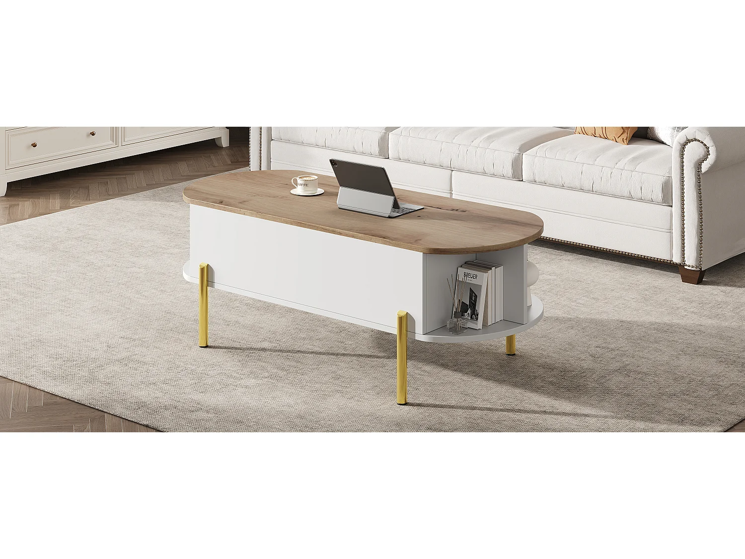 Table basse relevable avec 7 rangements - 120 x 50 x 43 cm - tables de canapé - MDF - blanc