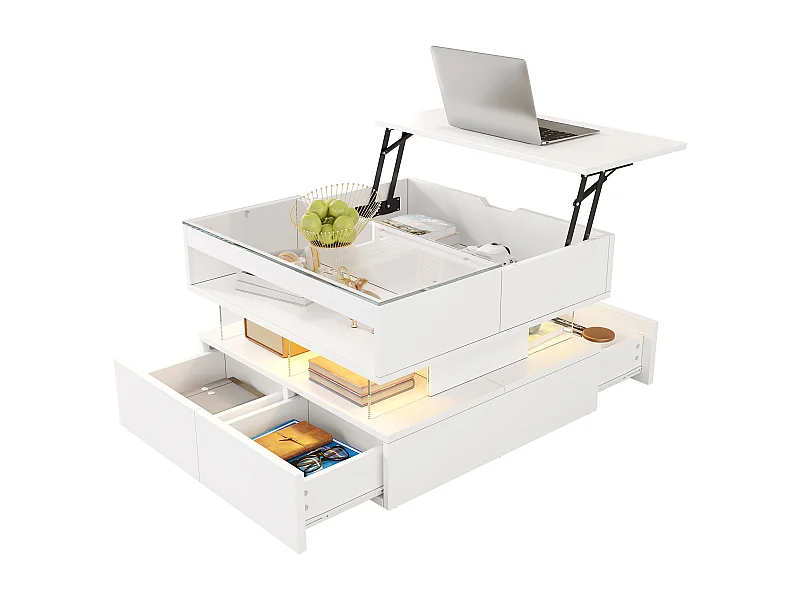 Table basse relevable avec Leds + 2 tiroirs - plateau en verre - 70 x 67 x 57 cm - aggloméré - blanc