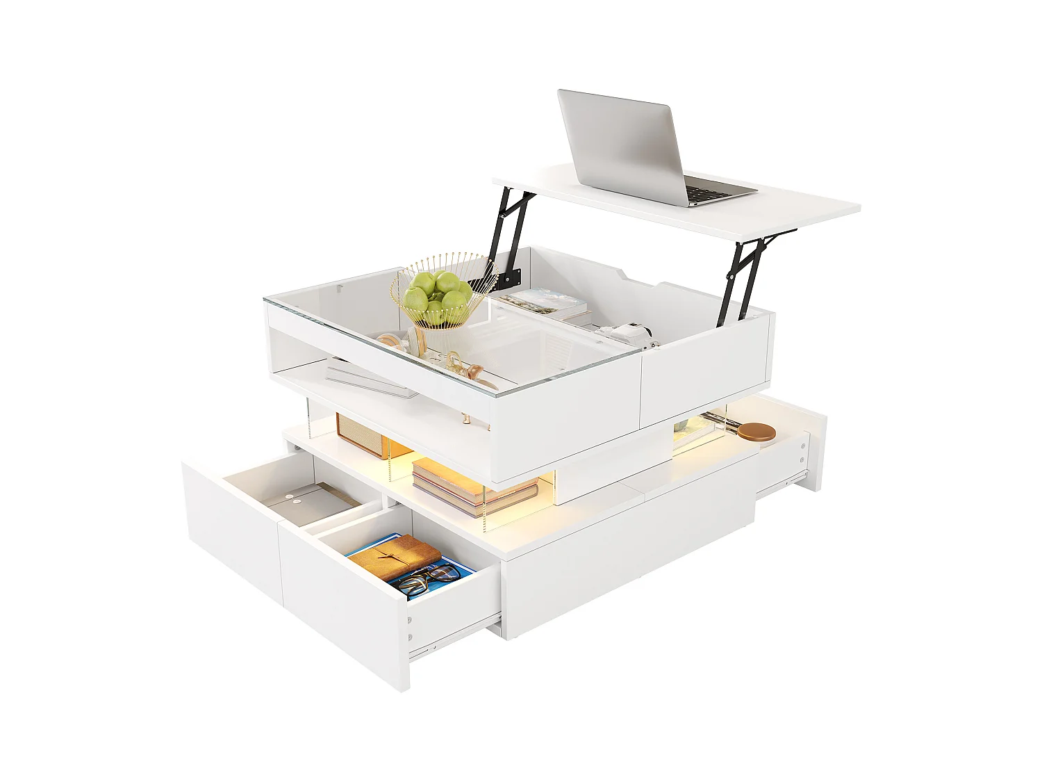 Table basse relevable avec Leds + 2 tiroirs - plateau en verre - 70 x 67 x 57 cm - aggloméré - blanc