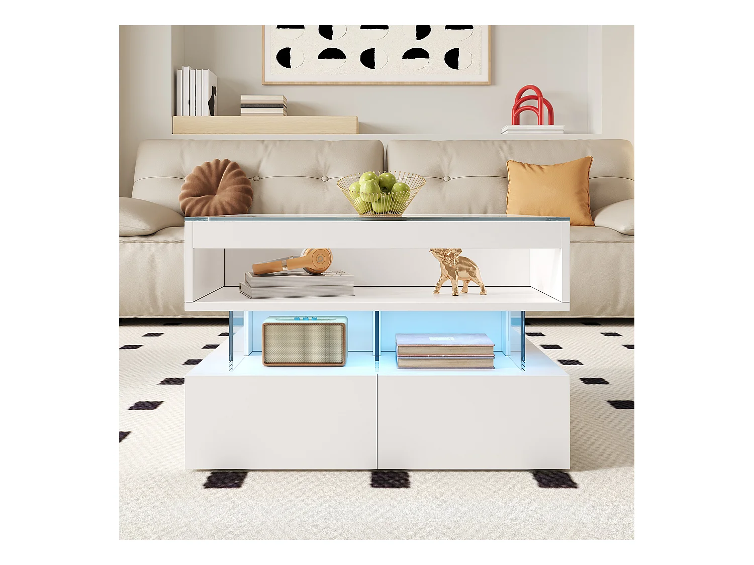 Table basse relevable avec Leds + 2 tiroirs - plateau en verre - 70 x 67 x 57 cm - aggloméré - blanc