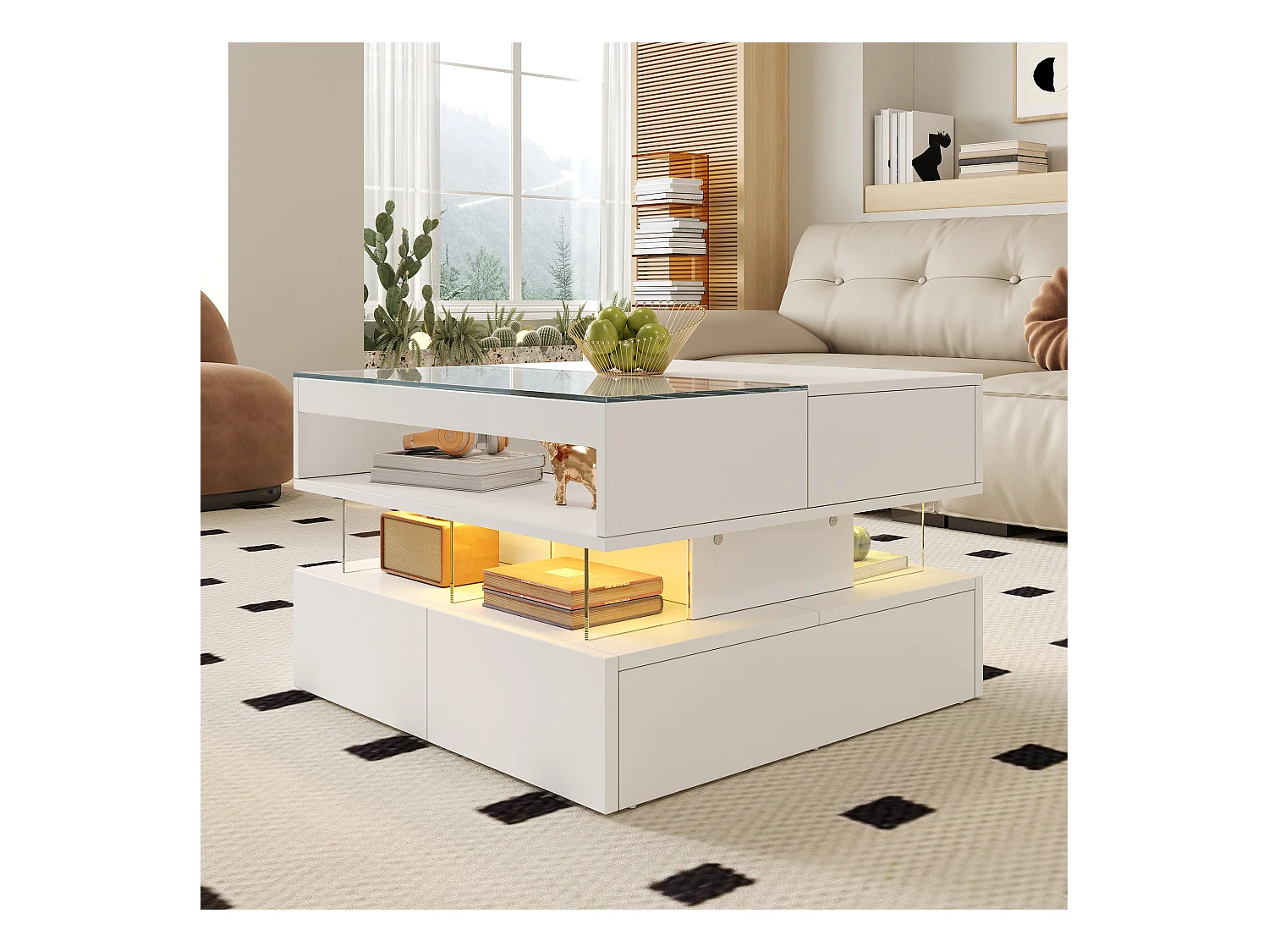 Table basse relevable avec Leds + 2 tiroirs - plateau en verre - 70 x 67 x 57 cm - aggloméré - blanc