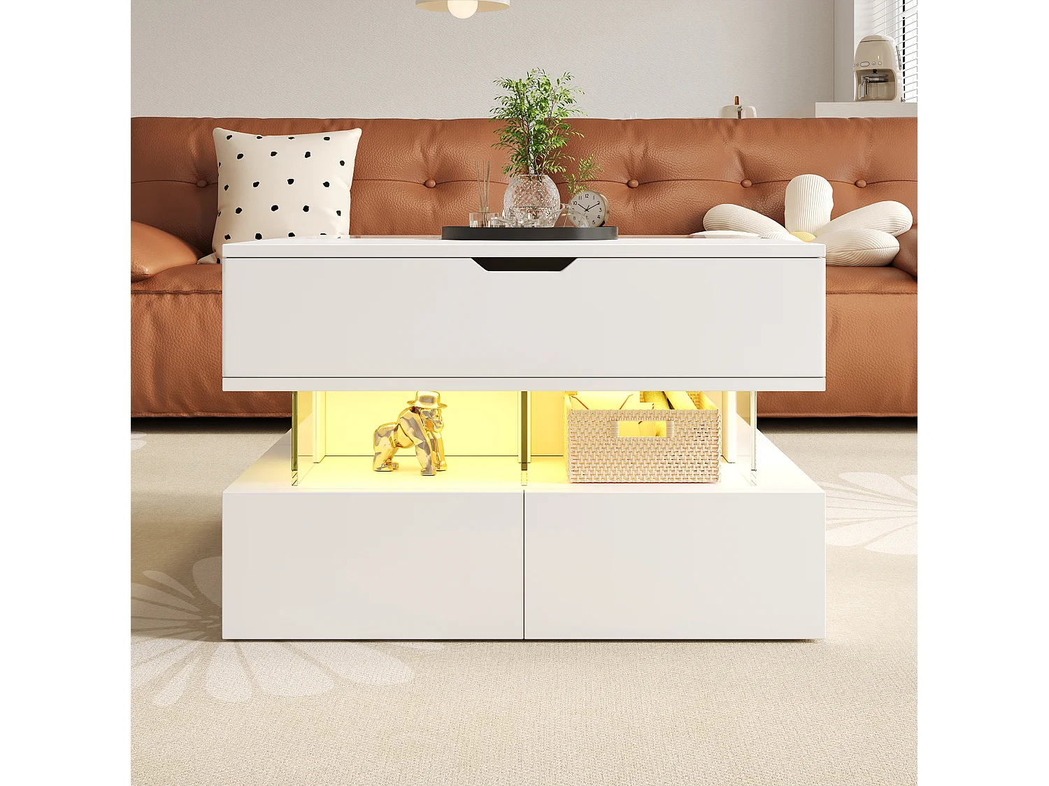 Table basse relevable avec Leds + 2 tiroirs - plateau en verre - 70 x 67 x 57 cm - aggloméré - blanc