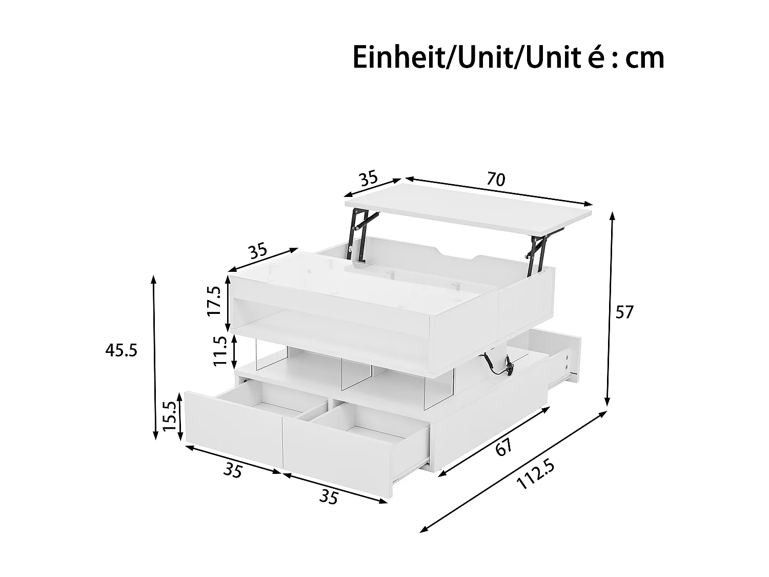 Table basse relevable avec Leds + 2 tiroirs - plateau en verre - 70 x 67 x 57 cm - aggloméré - blanc