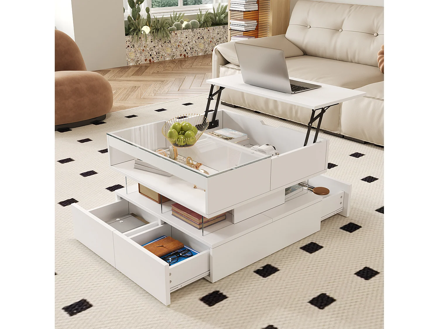 Table basse relevable avec Leds + 2 tiroirs - plateau en verre - 70 x 67 x 57 cm - aggloméré - blanc