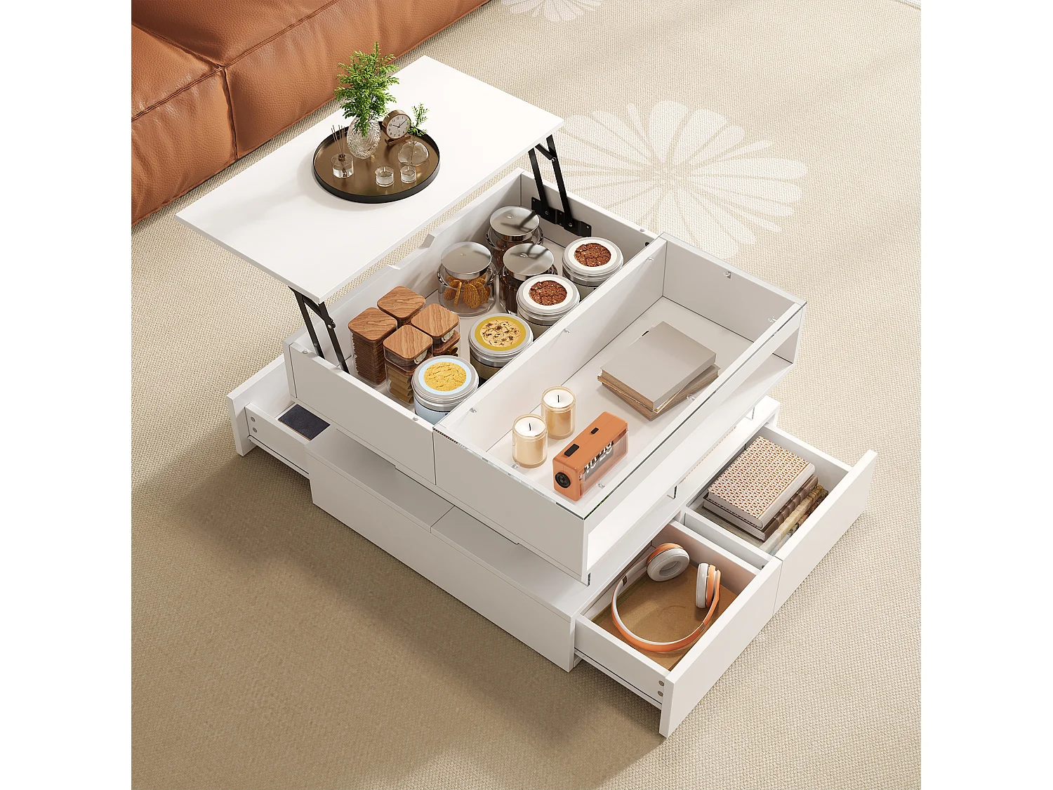 Table basse relevable avec Leds + 2 tiroirs - plateau en verre - 70 x 67 x 57 cm - aggloméré - blanc