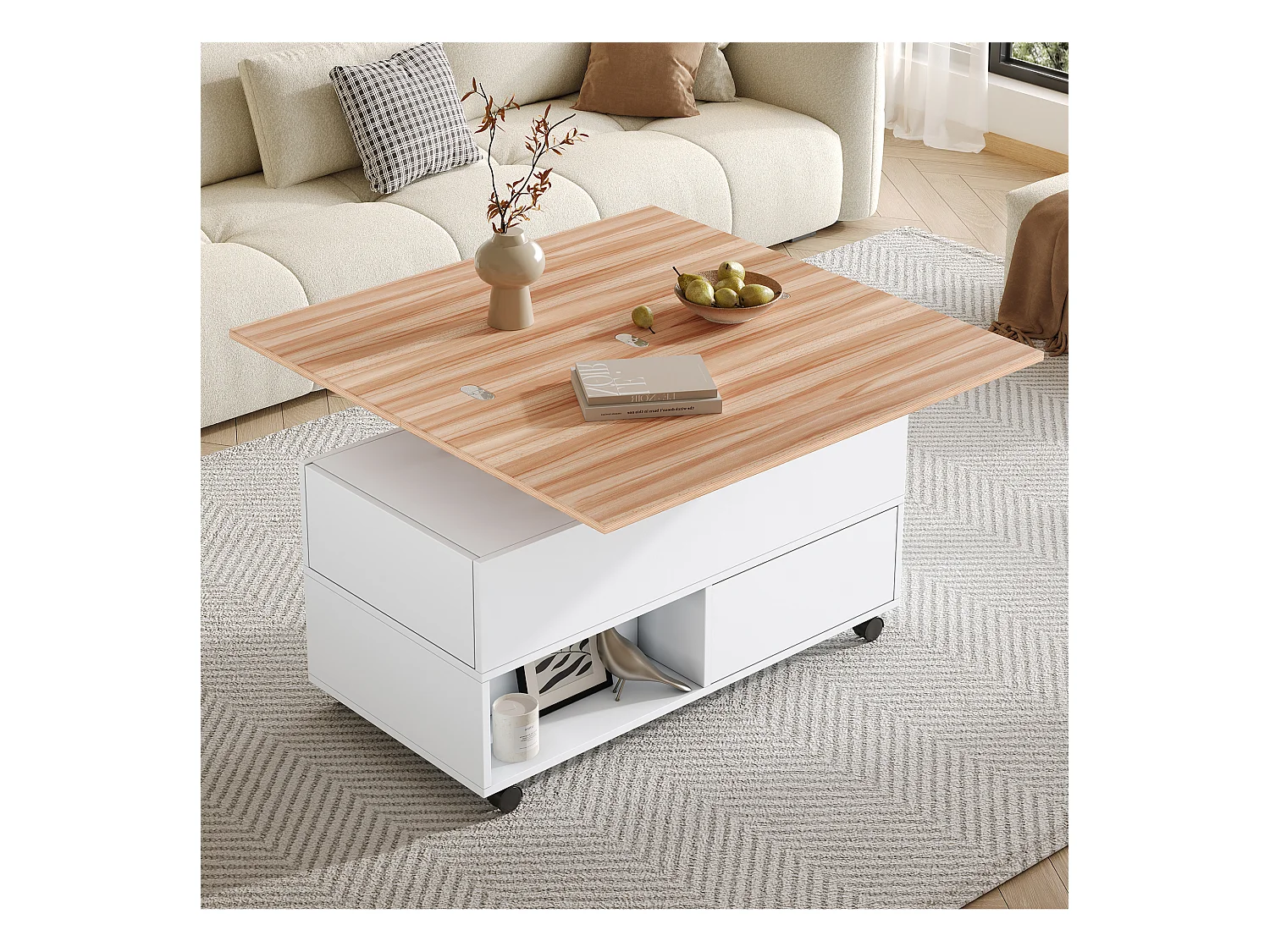 Table basse relevable avec 4 roulettes - 100 x 50 x 52 cm - avec 4 tiroirs - aggloméré -  blanc + naturel