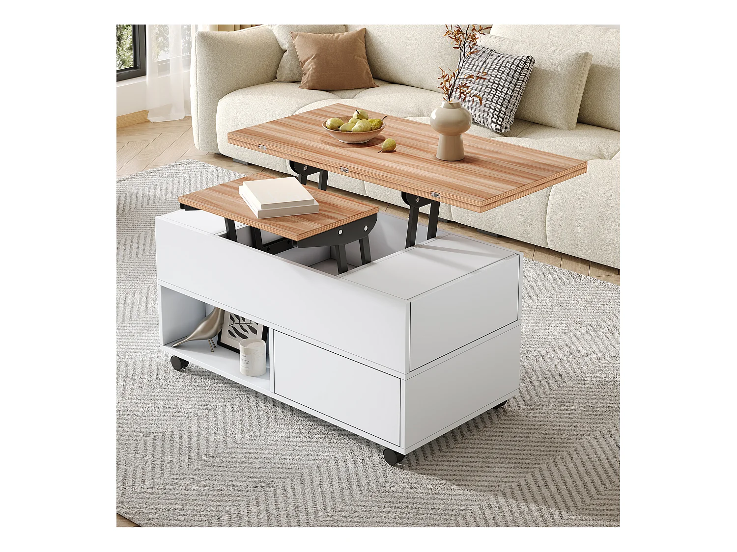Table basse relevable avec 4 roulettes - 100 x 50 x 52 cm - avec 4 tiroirs - aggloméré -  blanc + naturel