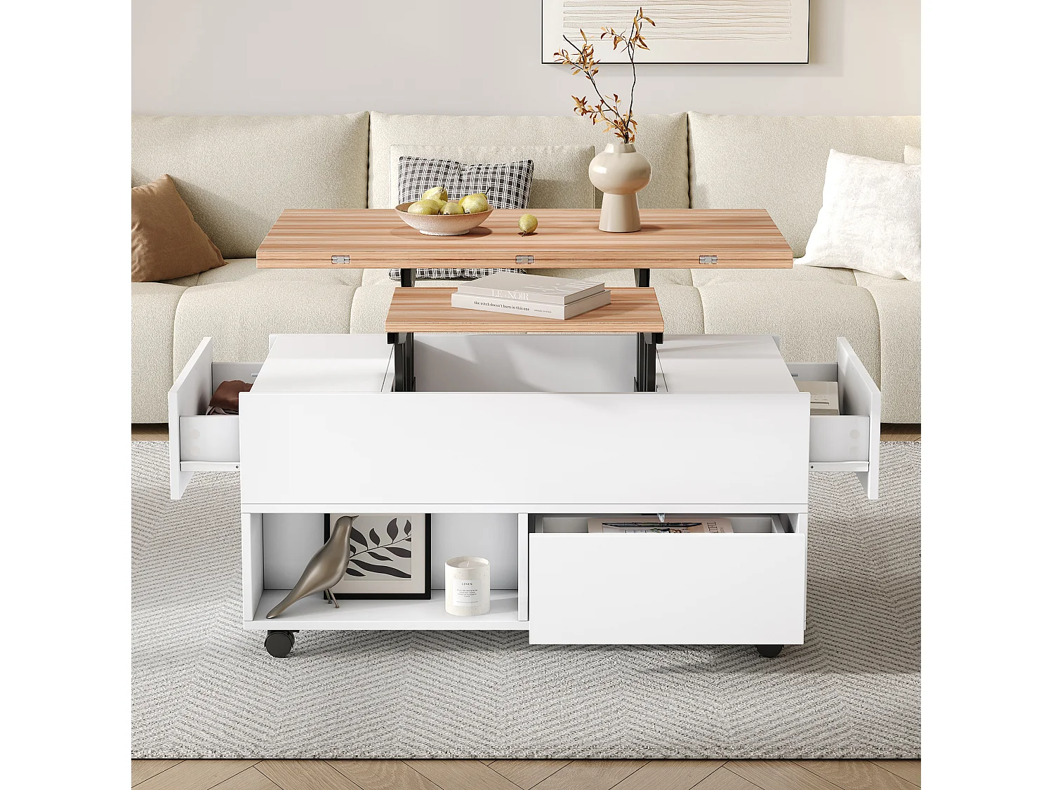 Table basse relevable avec 4 roulettes - 100 x 50 x 52 cm - avec 4 tiroirs - aggloméré -  blanc + naturel