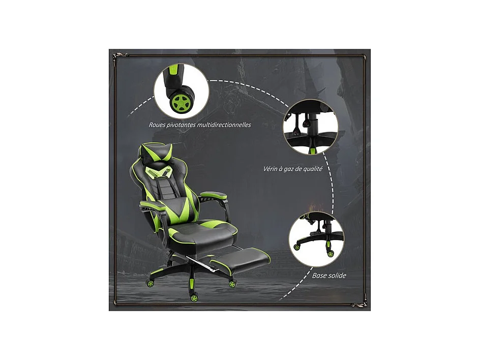 Fauteuil de bureau Gaming gamer GREENFIGHT vert et noir