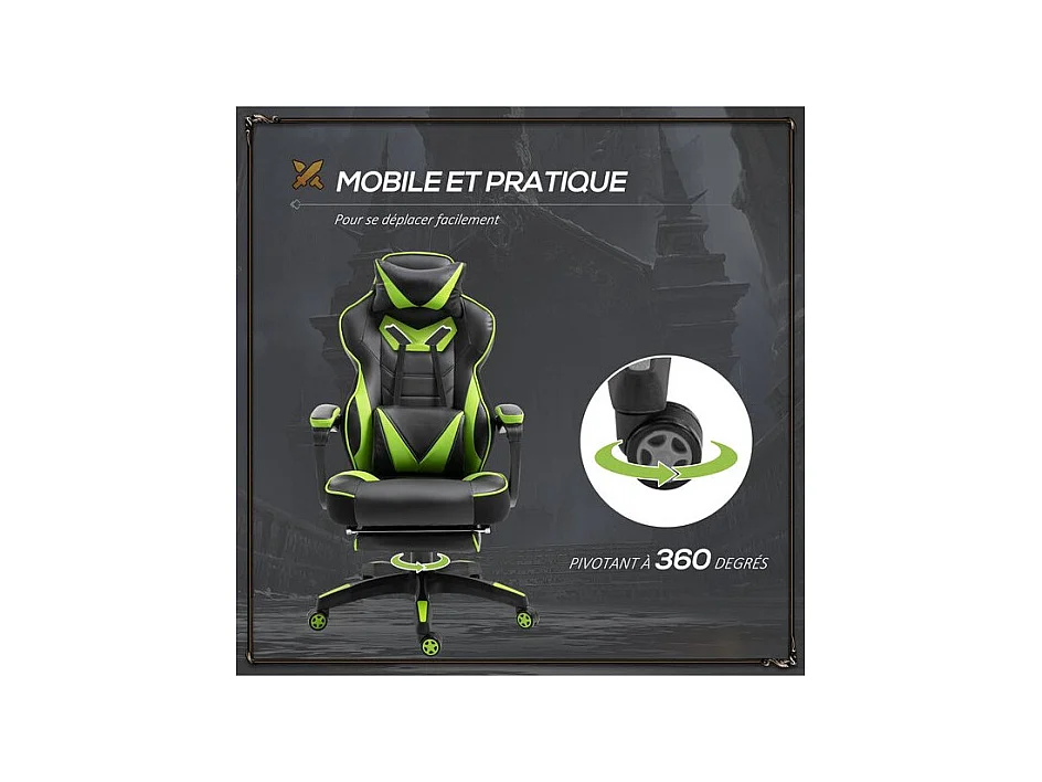 Fauteuil de bureau Gaming gamer GREENFIGHT vert et noir