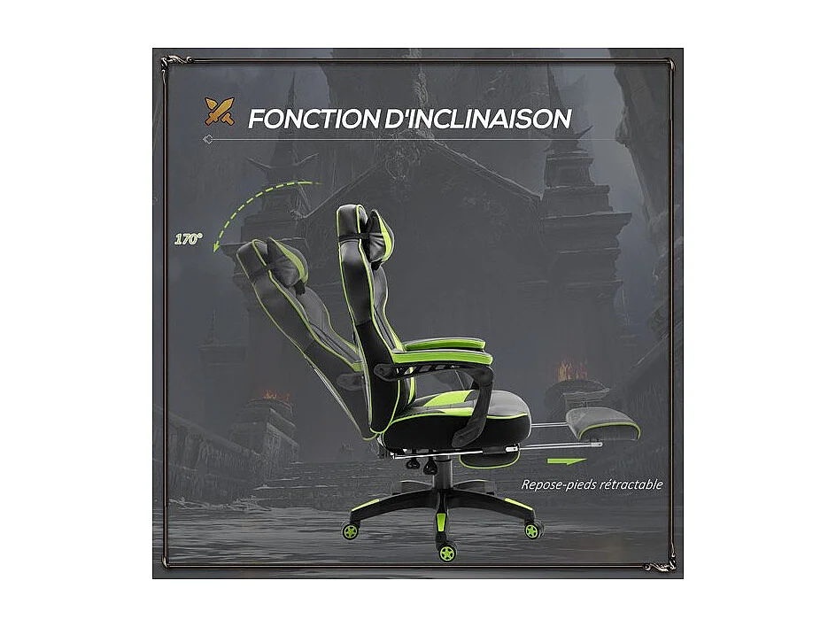 Fauteuil de bureau Gaming gamer GREENFIGHT vert et noir