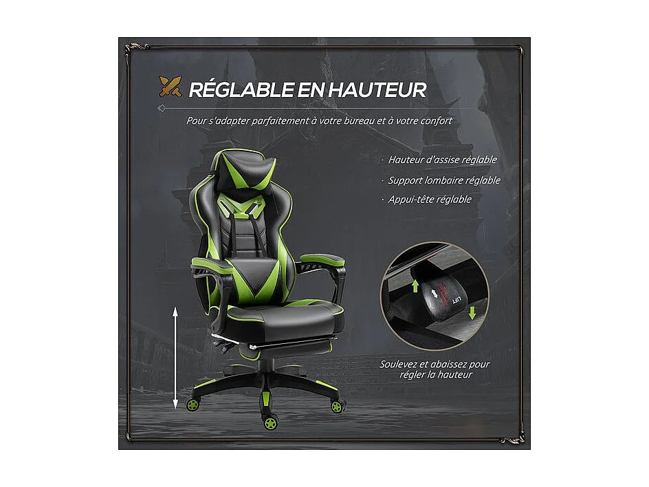 Fauteuil de bureau Gaming gamer GREENFIGHT vert et noir