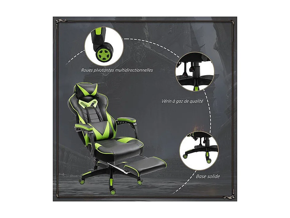 Fauteuil de bureau Gaming gamer GREENFIGHT vert et noir