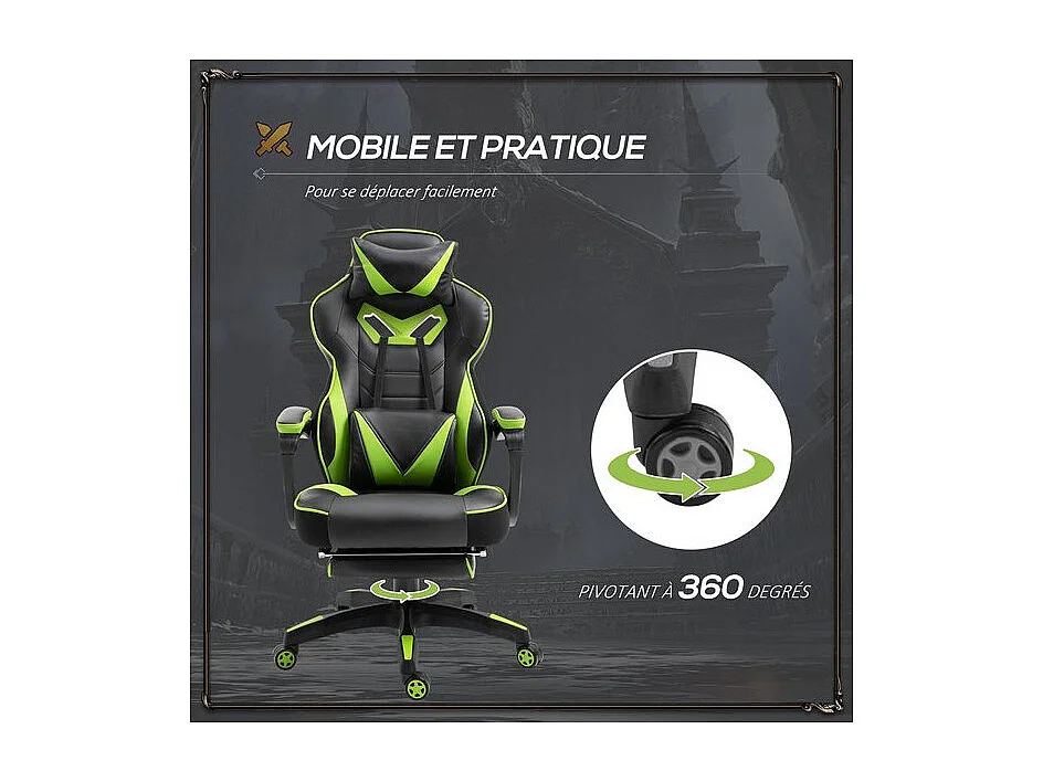 Fauteuil de bureau Gaming gamer GREENFIGHT vert et noir