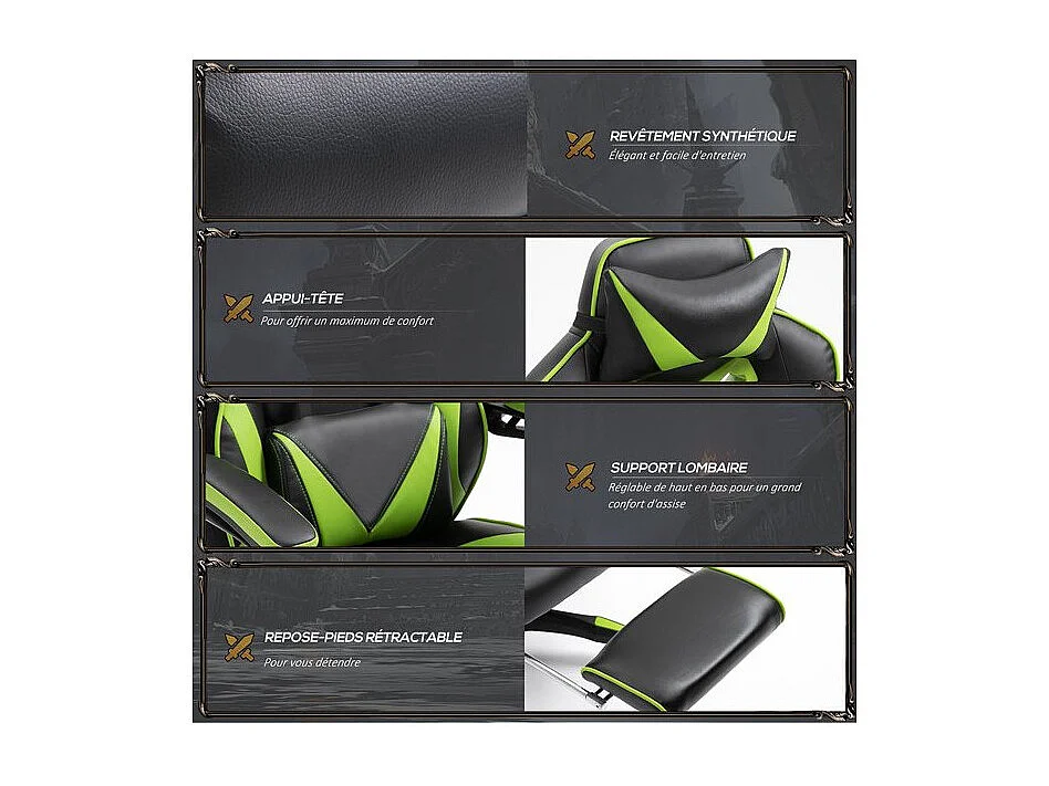 Fauteuil de bureau Gaming gamer GREENFIGHT vert et noir