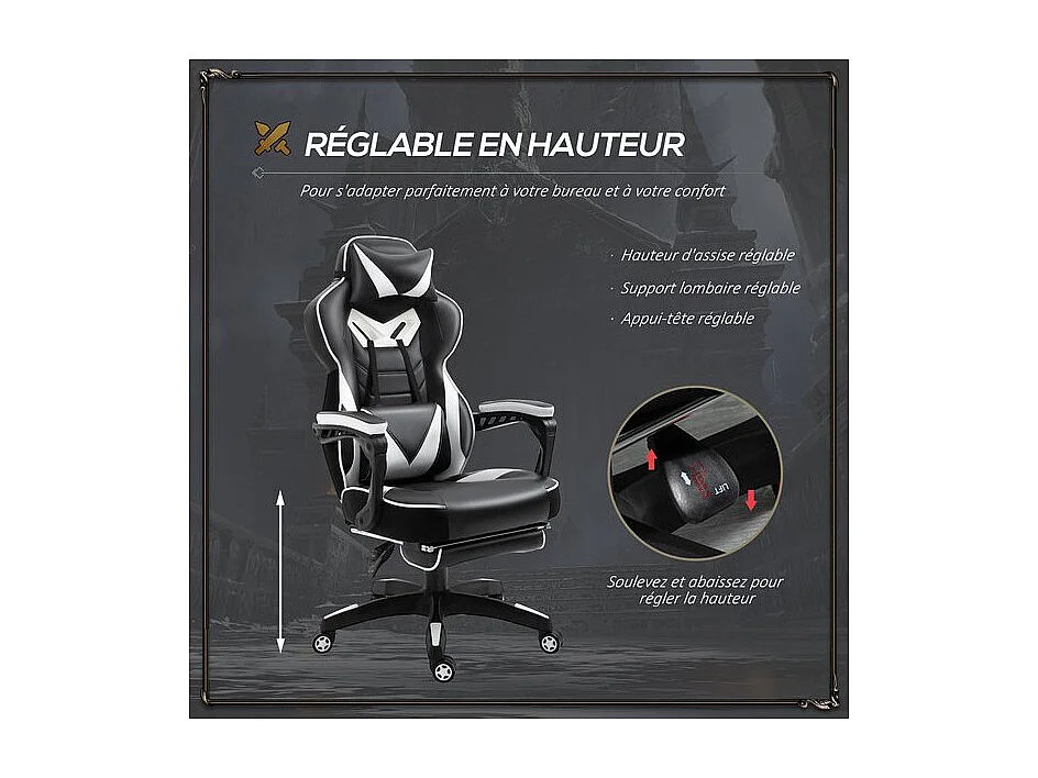 Fauteuil de bureau Gaming Gamer INVADERS Pivotant Noir et Blanc