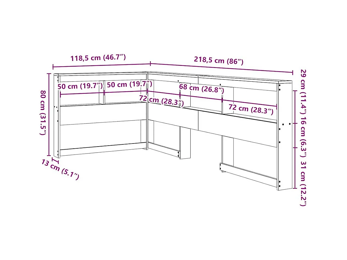 Cabecero librería en forma de L madera maciza pino blanco 100cm