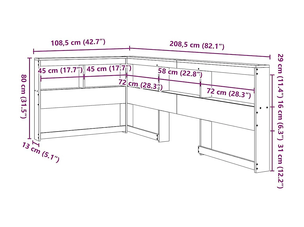 Tête de lit de bibliothèque en forme de L bois massif de pin