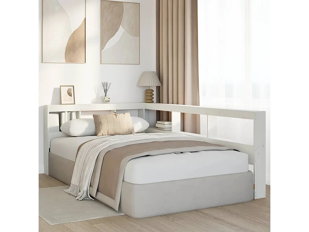 Tête de lit de bibliothèque en forme de L bois massif de pin