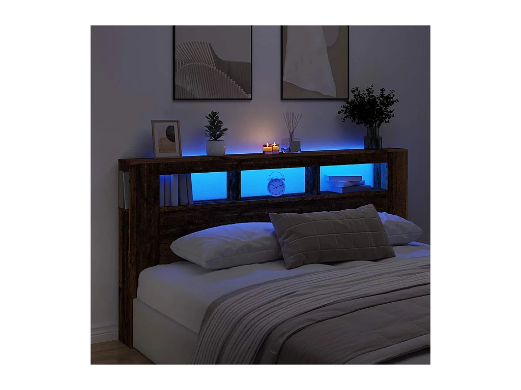 Cabecero con LED madera ingeniería envejecida 200x18,5x103,5 cm