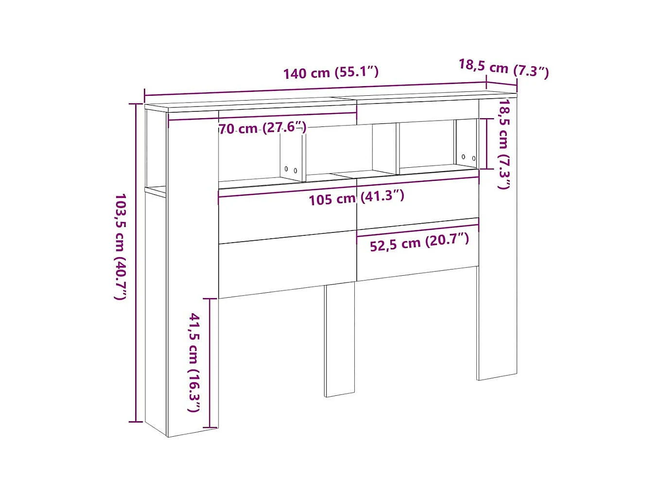 Cabeceira LED Carvalho preto 140 x 18,5 x 103,5 cm