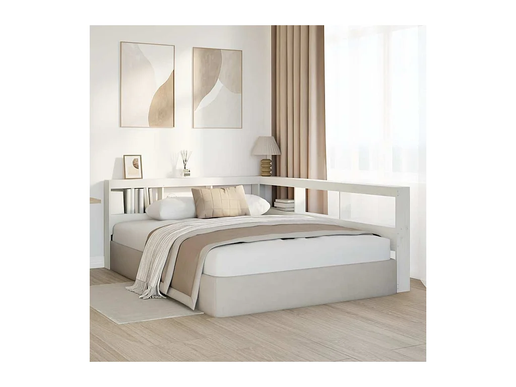 Cabecero librería en forma L madera maciza pino blanco 160 cm