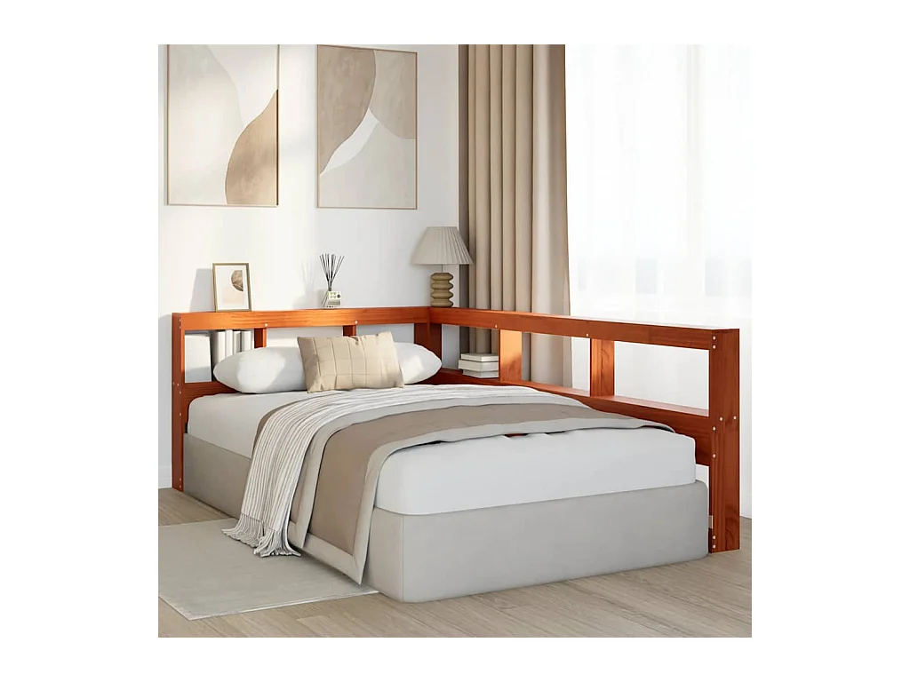 Tête de lit de bibliothèque en forme de L bois massif de pin