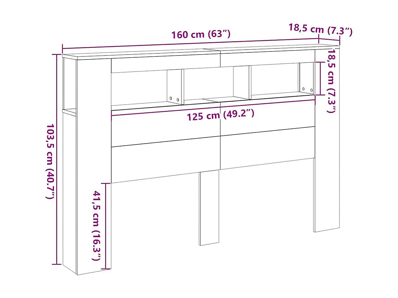 Tête de lit LED avec étagère Chêne noir 160 x 18,5 x 103,5 cm