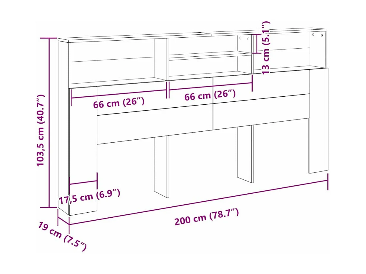 Hoofdeinde Kast met plank Zwart eiken 200 x 19 x 103.5 cm