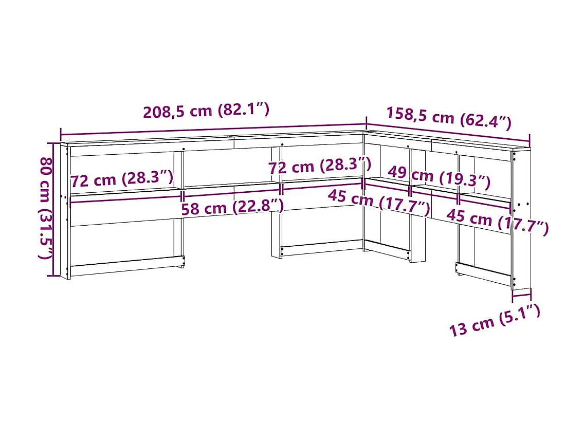 Estante cabeceira forma de L 140 cm madeira pinho maciça branco