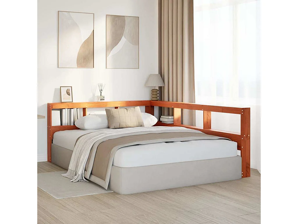 Tête de lit de bibliothèque en forme de L bois massif de pin