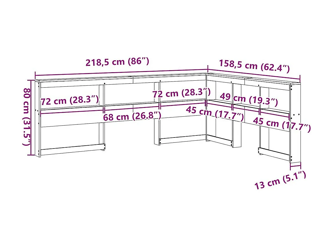 Estante cabeceira forma de L 140 cm pinho maciço castanho-mel