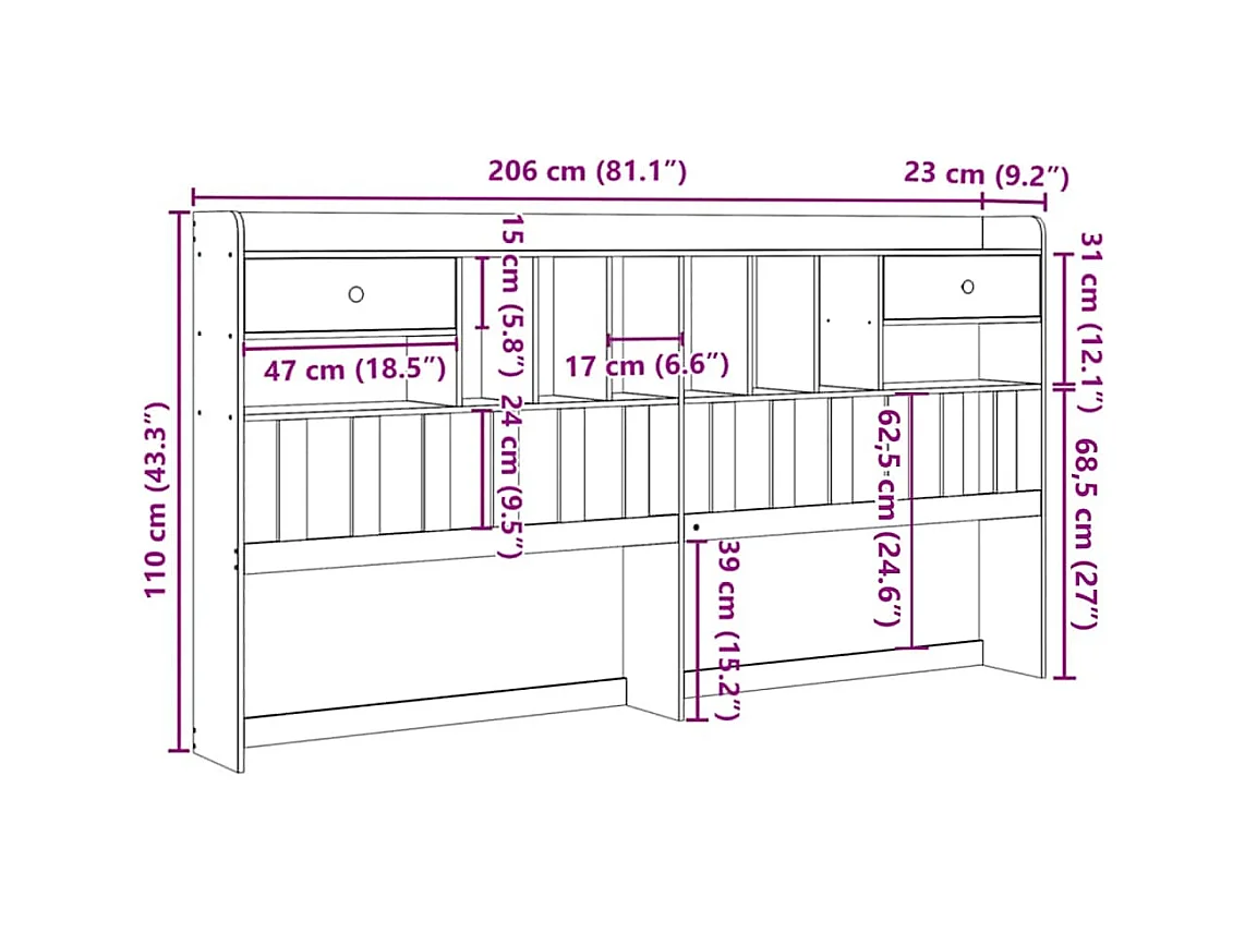 Cabecero de cama almacenaje madera maciza pino marrón 200 cm