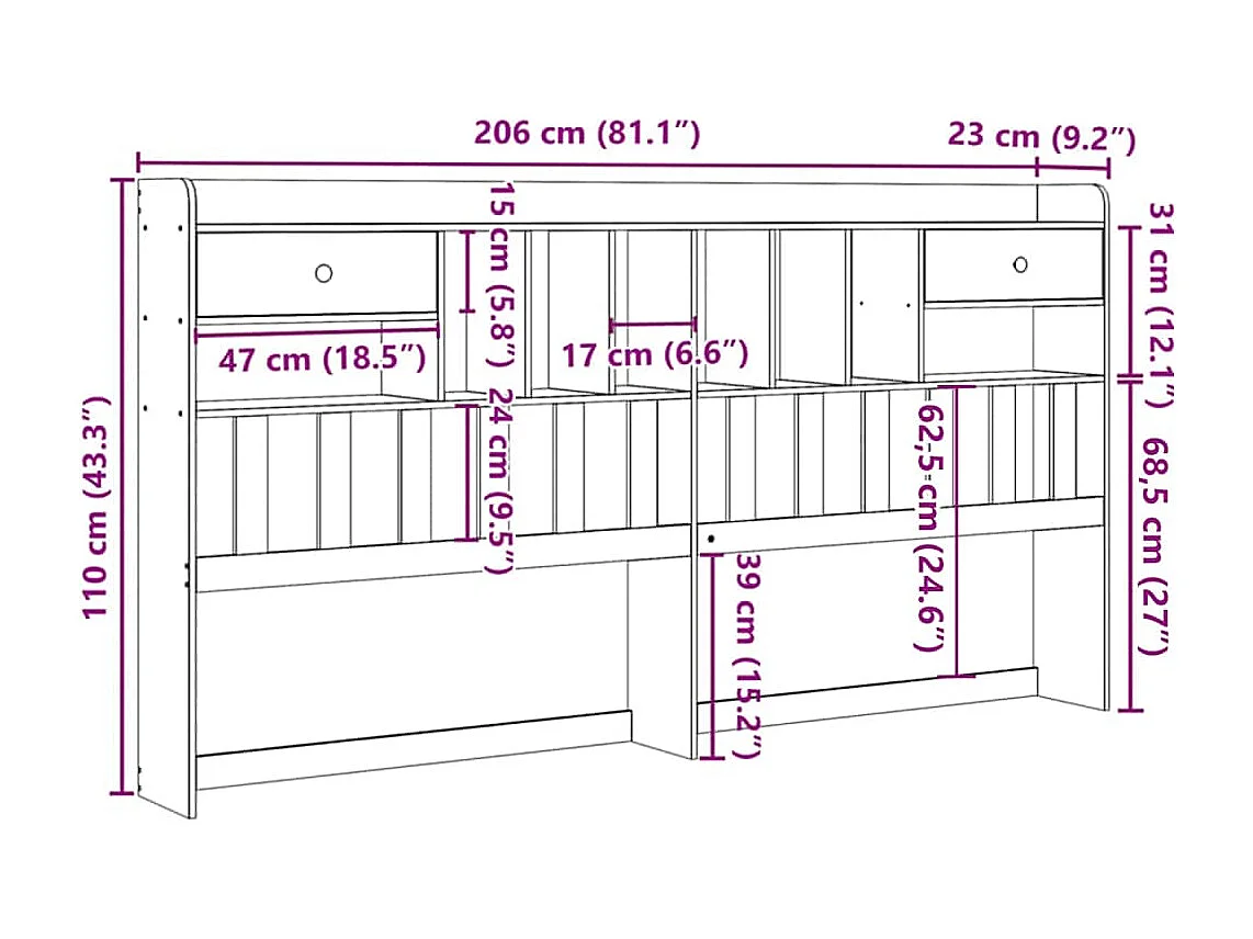 Tête de lit avec rangement cire marron 200cm bois massif de pin