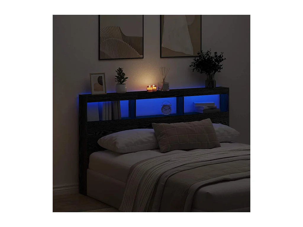 Armoire tête de lit avec LED chêne noir 180x17x102 cm