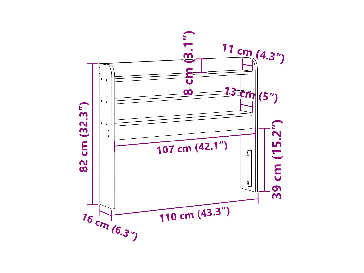 Hoofdbord met schappen 100 cm massief grenenhout wit