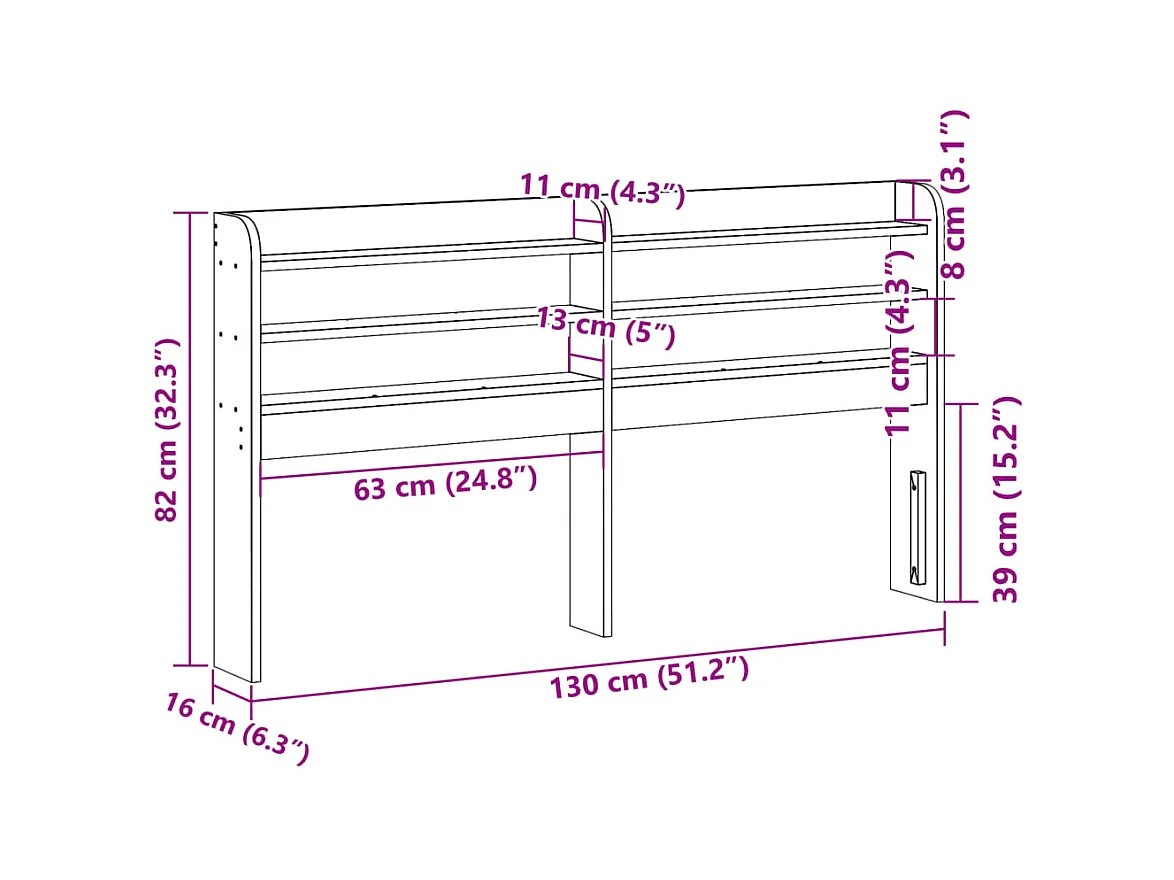 Hoofdbord met schappen 120 cm massief grenenhout wit