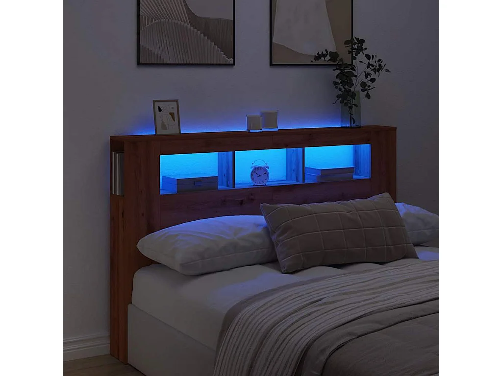 Tête de lit à LED chêne artisanal 160x18,5x103,5 cm