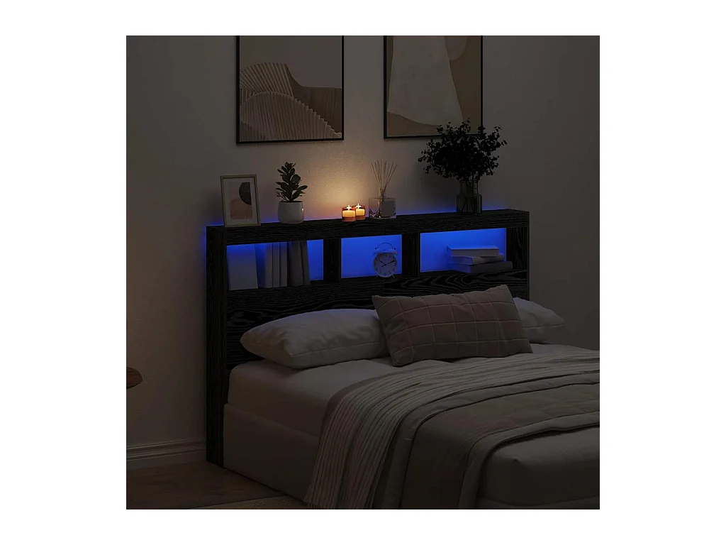 Armoire tête de lit avec LED chêne noir 160x17x102 cm