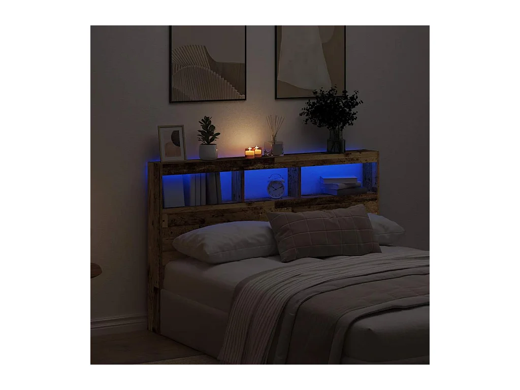 Armoire tête de lit avec LED vieux bois 160x17x102 cm